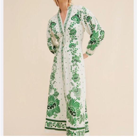 FARM Rio Dresses & Skirts - FARM Rio Forest Soul Maxi Dress Green and White Long Sleeve Medium